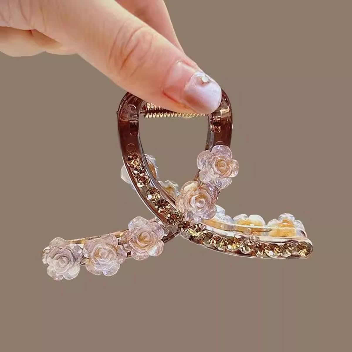 S.A.V.I Beige Resin Flower Hair Claw Clip for Women (8 cm) | Rhinestone Floral Design, Durable Acrylic Curved Clutch, Strong Grip Hair Accessory for Bun, Updo & Daily Styling