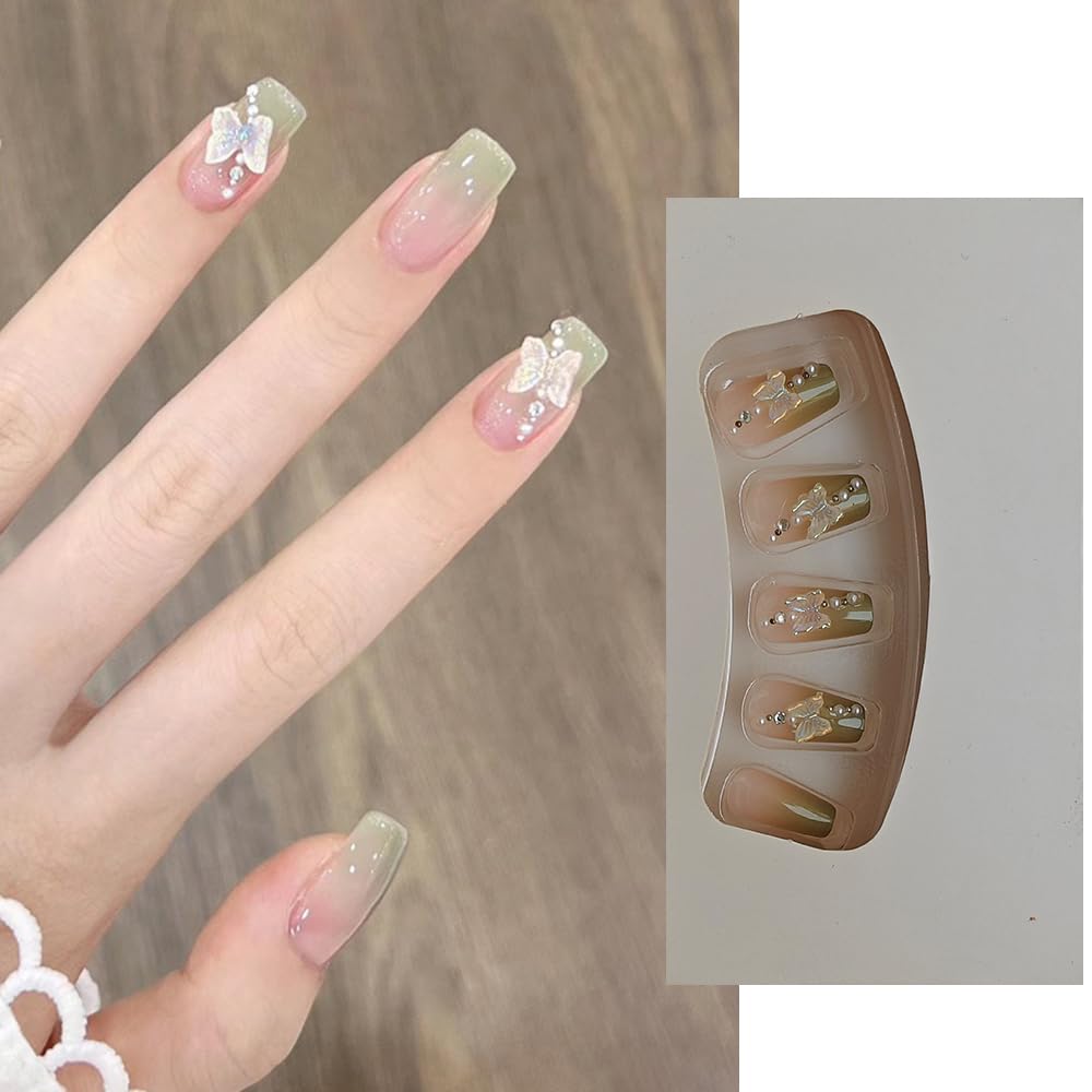 S.A.V.I Long Coffin Press-On Nails - 24 PCs Gradient Nude  Green with 3D Butterfly Charm | Reusable Fake Nails for Women | Stylish Nail Art for Weddings, Parties | Durable  Chic