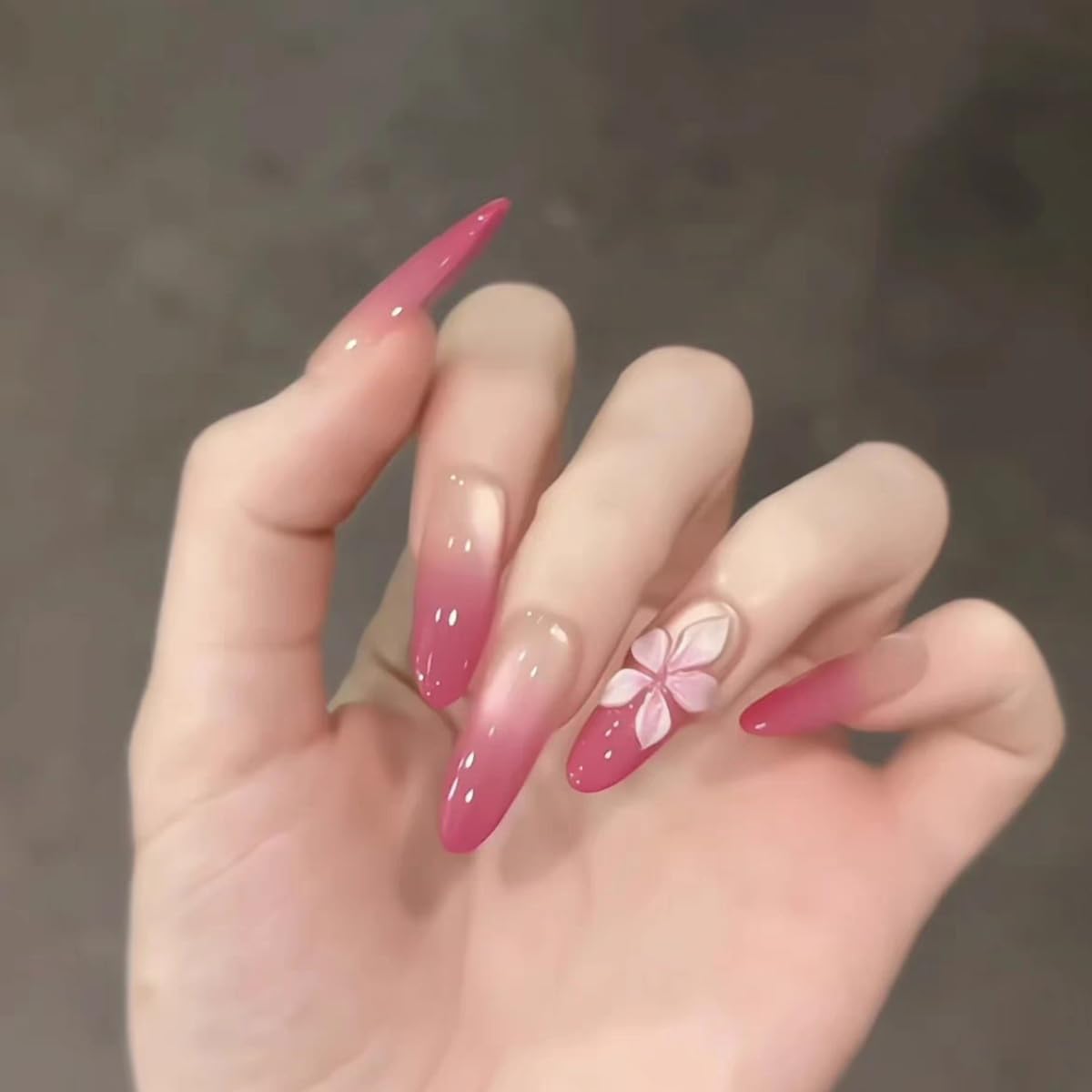 S.A.V.I 30 Pcs Long Almond Press On Nails, Pink Gradient Cat Eye Glossy Finish, 3D Floral Acrylic False Nails, Reusable Artificial Nails with Glue & Adhesive Tabs