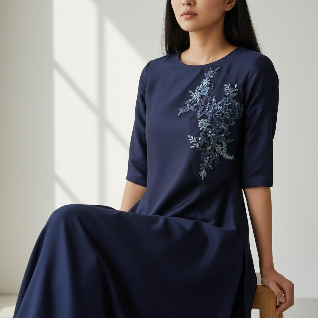 S.A.V.I Navy Blue Floral Sew-On Appliqué Patch 25 x 29 cm | Sequin & Thread Work Net Mesh | Designer Neckline Motif for Anarkali, Kurti, Gown & Dresses (Navy Blue)