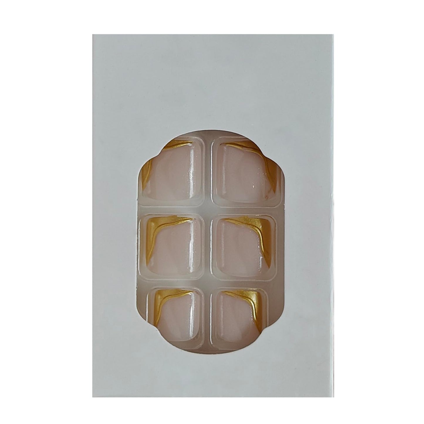 S.A.V.I Long Almond Press On Nails for Women, Nude Pink with Gold Chrome & Pearl 3D Design, Glossy Reusable Artificial Set, Pack of 24 with Nail Glue & Adhesive Tabs