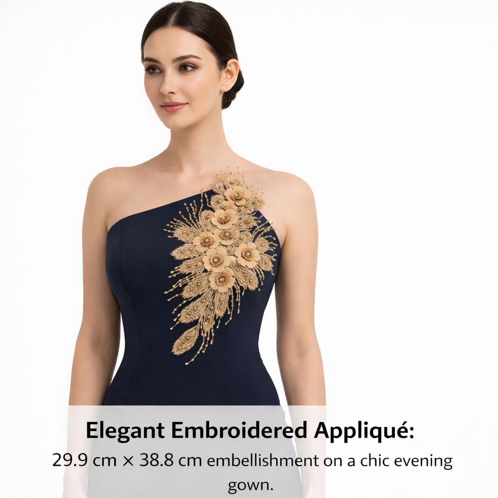 S.A.V.I 3D Gold Floral Embroidered Sew-On Applique Patch 29.9 x 38.8 cm | Beaded Sequin Mesh Motif for Bridal Lehenga Saree Blouse Gown & DIY Sewing Craft (Gold)