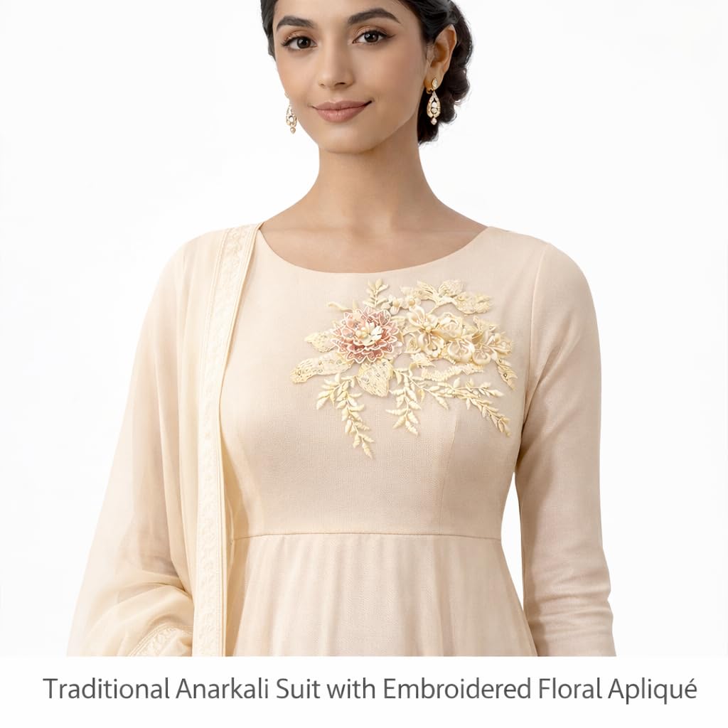 S.A.V.I Ivory Gold Floral Embroidered Appliqué Patch 20 x 25 cm, 3D Flower Net Lace Sew-On for Saree, Lehenga, Blouse, Gown & Anarkali Dress (Yellow)