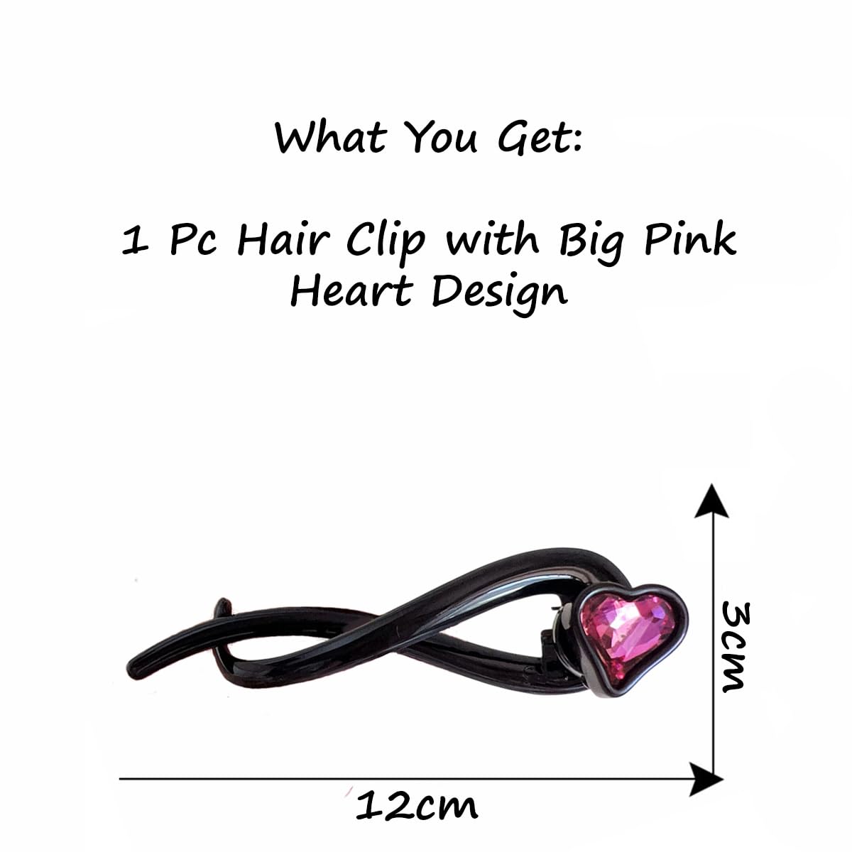 S.A.V.I Black Acrylic Hair Claw Clip for Women & Girls | 12cm Large Strong Grip with Big Pink Heart Crystal | Non-Slip Bun & Ponytail Holder Hair Accessory