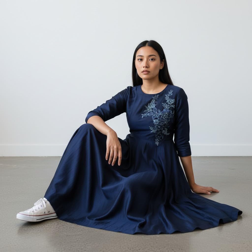 S.A.V.I Navy Blue Floral Sew-On Appliqué Patch 25 x 29 cm | Sequin & Thread Work Net Mesh | Designer Neckline Motif for Anarkali, Kurti, Gown & Dresses (Navy Blue)