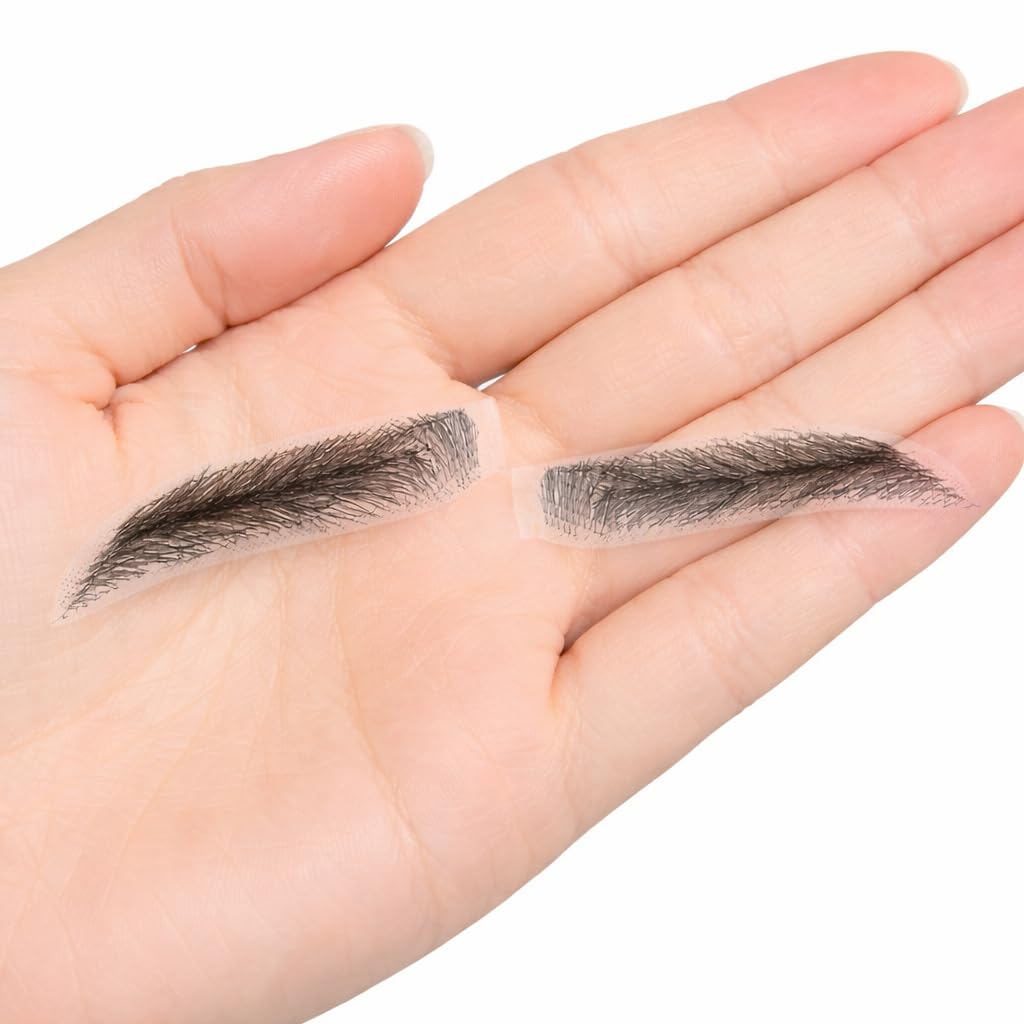 S.A.V.I Glue-On Straight Shape Eyebrows for Women, Natural Black, Hand-Tied Real Human Hair, Breathable Mesh Base, Reusable Fake Brows with Adhesive for Makeup, Hair Loss and Alopecia