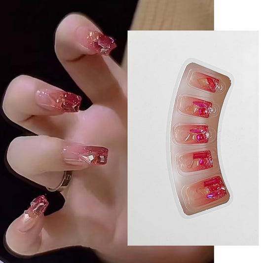 S.A.V.I 24pcs Square Medium Length Nude & Red Glitter Fake Nails with Rhinestones | Reusable Salon-Quality Nail Art| Includes Glue & Adhesive Tabs for DIY Manicure at Home