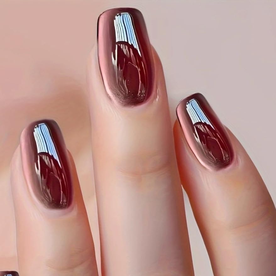 S.A.V.I Press on Nails 30 Pcs Deep Burgundy Medium Coffin | 10 Sizes, Reusable With Adhesive Tabs & Glue For Women, Salon Finish At Home