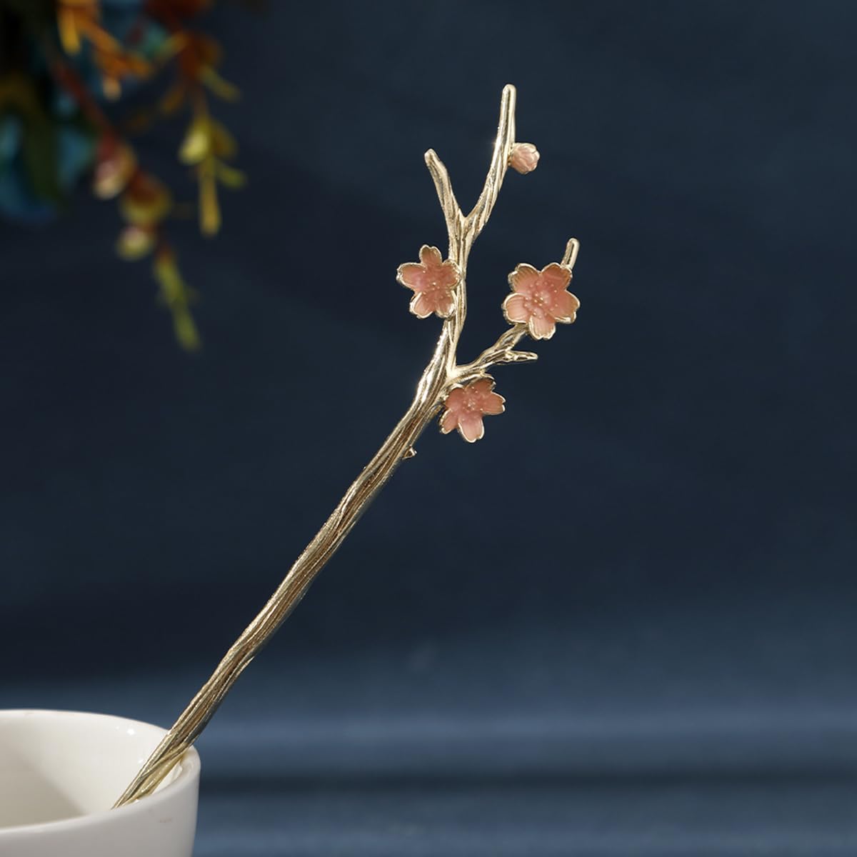 S.A.V.I Cherry Blossom Hair Stick Pin for Women & Girls | Gold Tone Japanese Style Hairpin with Pink Floral Design | Elegant Metal Bun Hairstick Accessory for Bridal, Party & for Daily