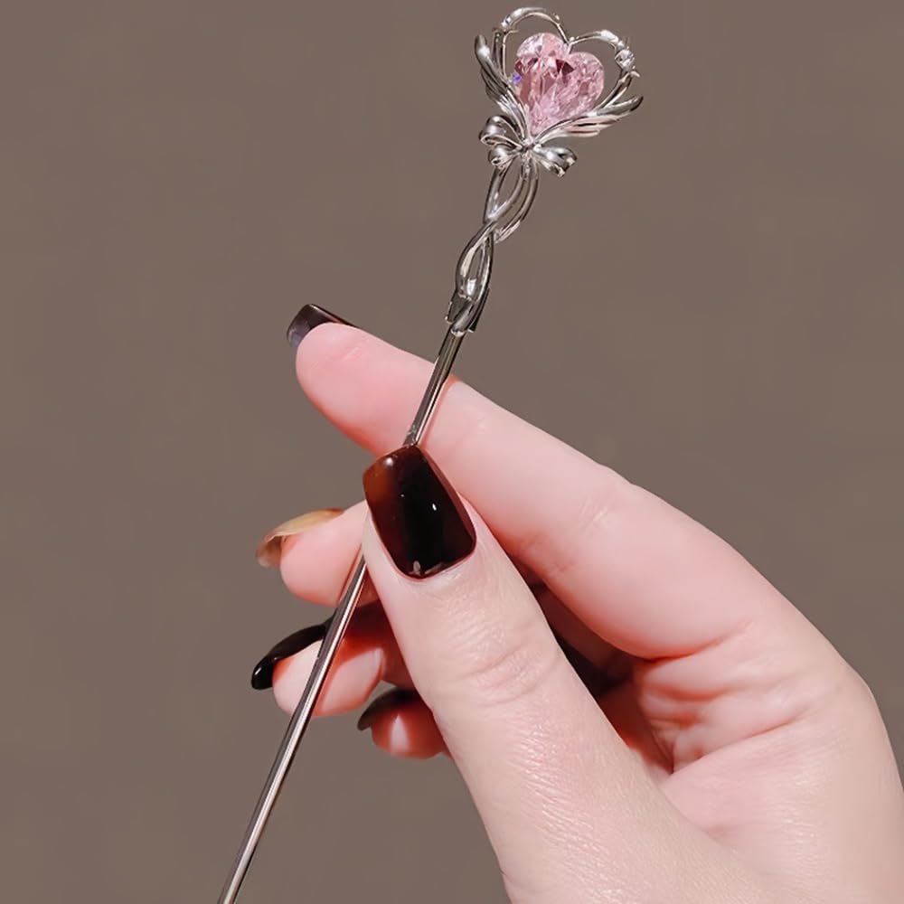 S.A.V.I Silver Hair Bun Stick Pin for Women & Girls | 18.2cm Metal Hairpin with Pink Heart Rhinestone | Butterfly Bow Design | Stylish Juda Stick for Party, Wedding, Traditional Look