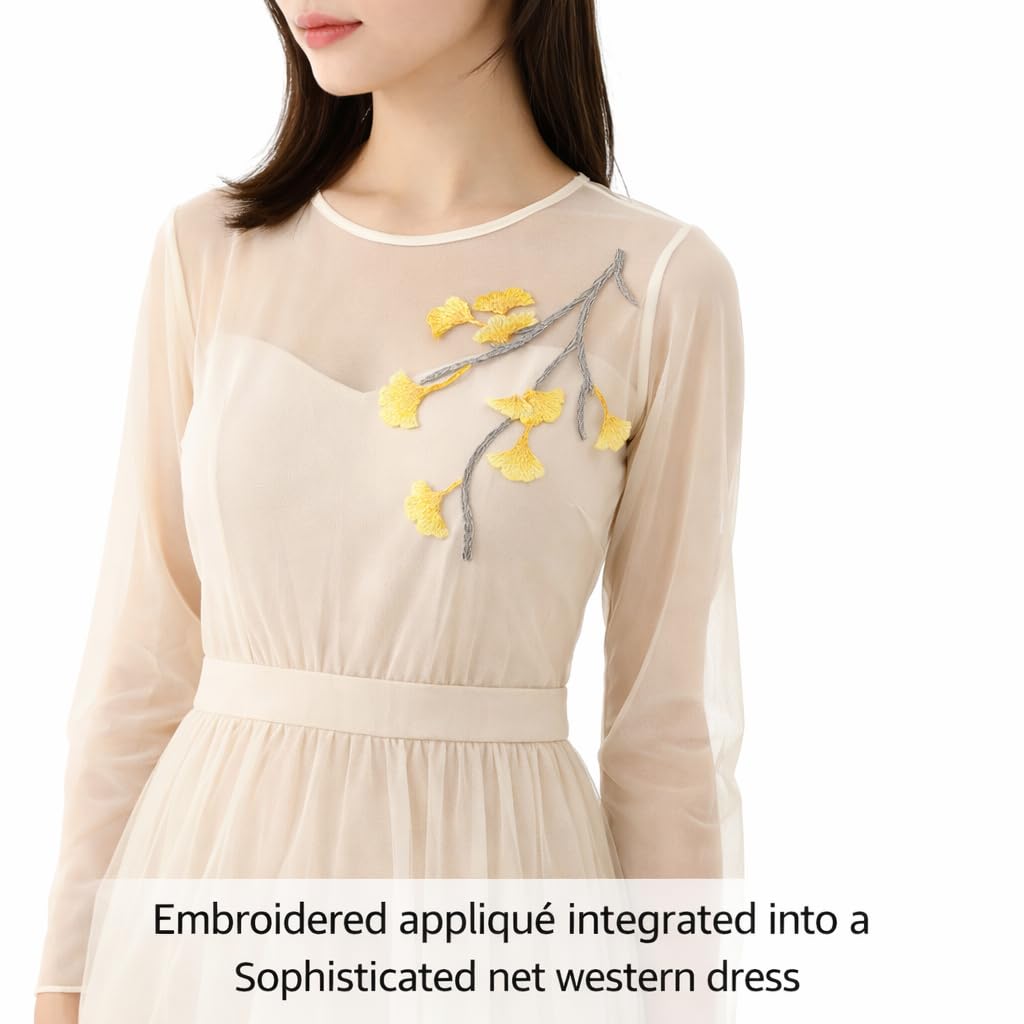 S.A.V.I Iron-On Embroidered Ginkgo Leaf Appliqué Patch Yellow Grey Floral Branch Design Fabric Embroidery 12.7 x 17.9 cm for Dresses Sarees Kurtis DIY Craft (Right)