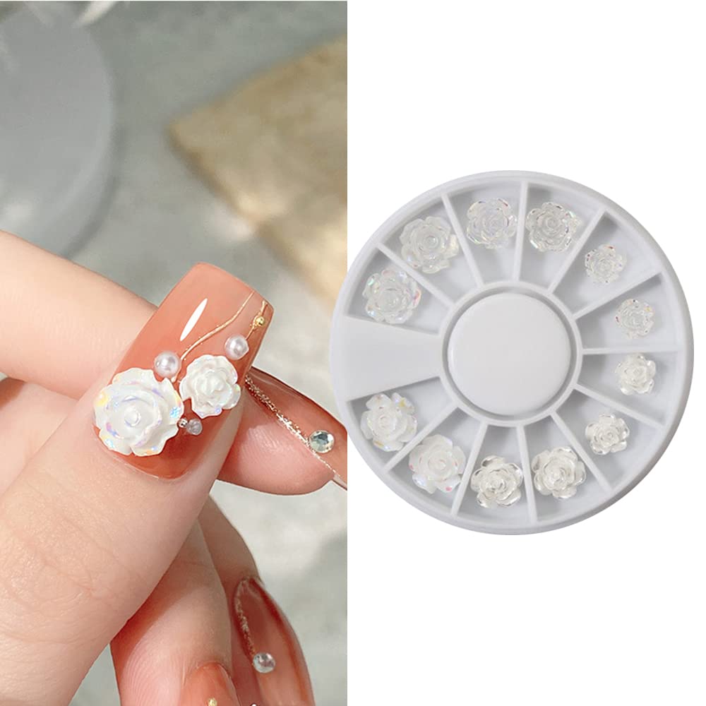 S.A.V.I 12PCs 3D Rose Flower Nail Decorations White  Clear Set for Salon-Quality Manicures, DIY Fashion Trending Nail Accessories