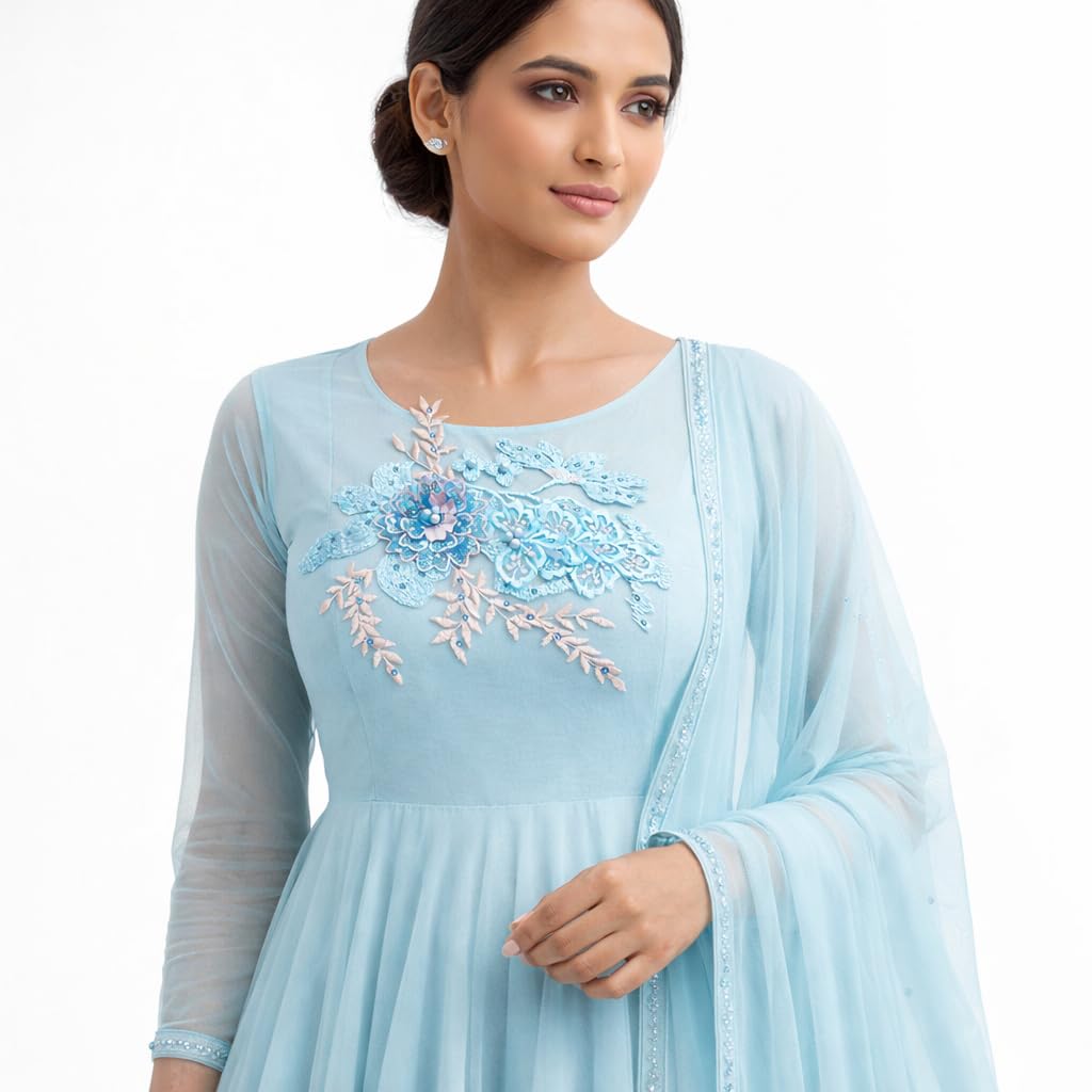 S.A.V.I Luxury Blue Floral Embroidered Appliqué Patch 20 x 25 cm | Sew-On Beaded Lace with Pearls | 3D Flower Design for Dress, Gown, Kurti & Bridal Wear (Blue)