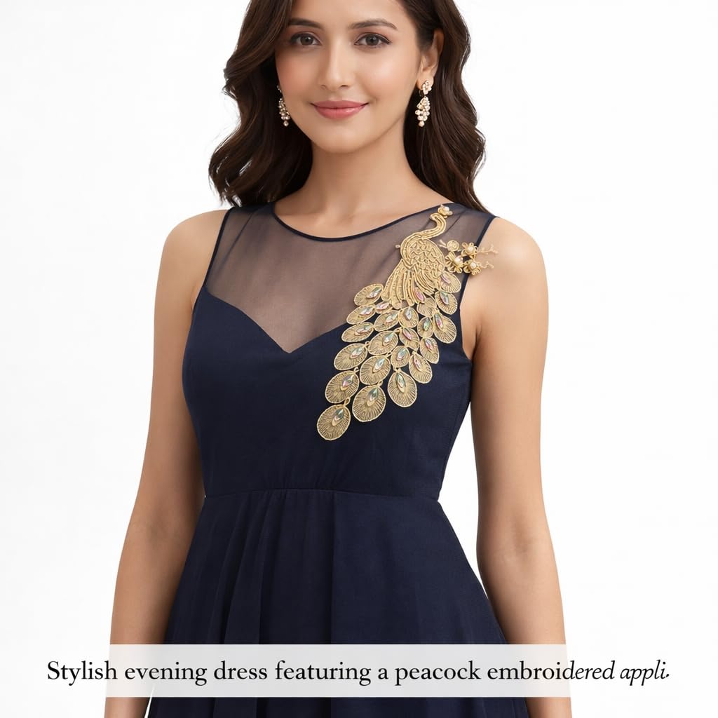 S.A.V.I Gold Peacock Embroidered Sew-On Applique 14 x 30 cm | Threadwork with Iridescent Stones | Designer Ethnic Motif for Saree, Blouse, Kurti & Gown (Right, Gold, OneSize)