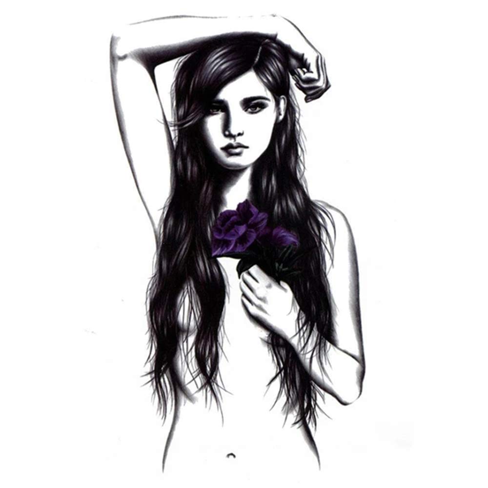 S.A.V.I Temporary Tattoo For Girls Men Women 3D Long Hair Rose Sticker Size 21x15cm - 1pc. (478), Black