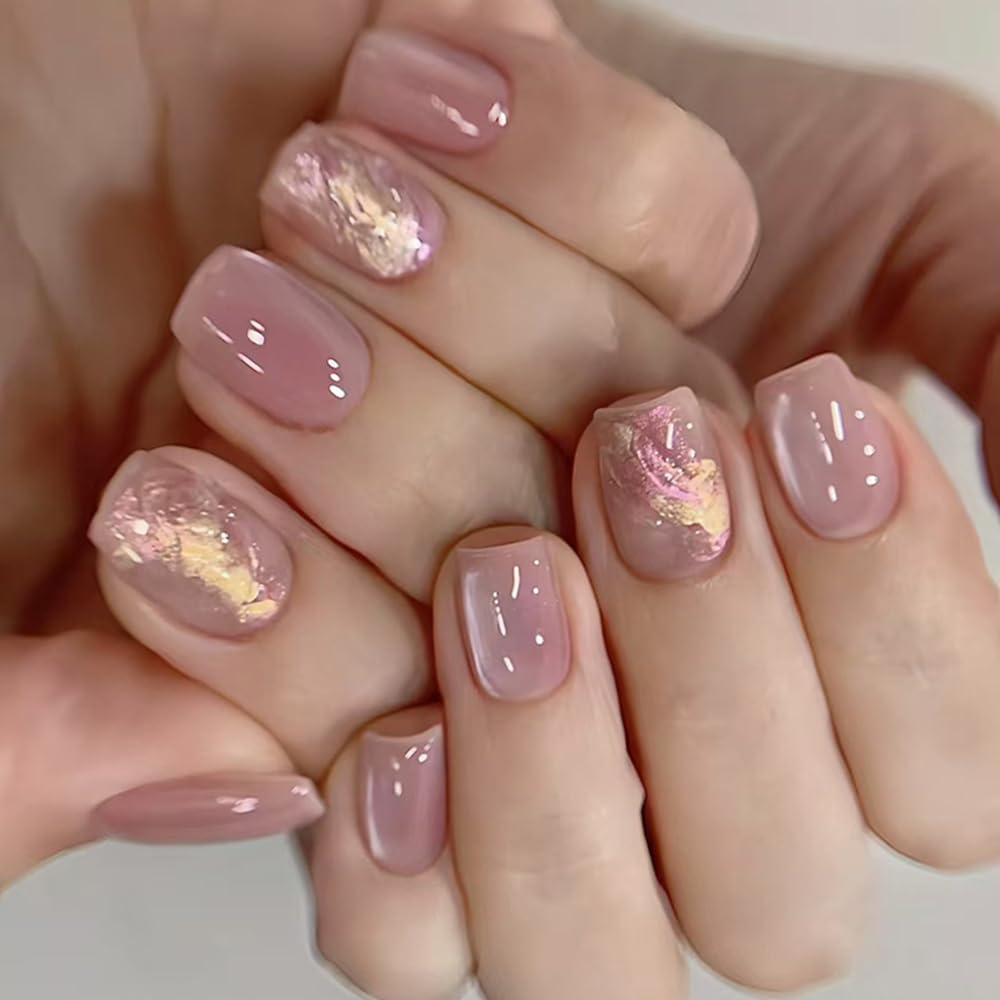 S.A.V.I 30 Pcs Pink Cat’s Eye Press-On Nails | Medium Coffin Shape Fake Nails with Marble Foil Design | Glossy Reusable Nail Tips for Women & Girls | With Adhesive Tabs & Nail Glue