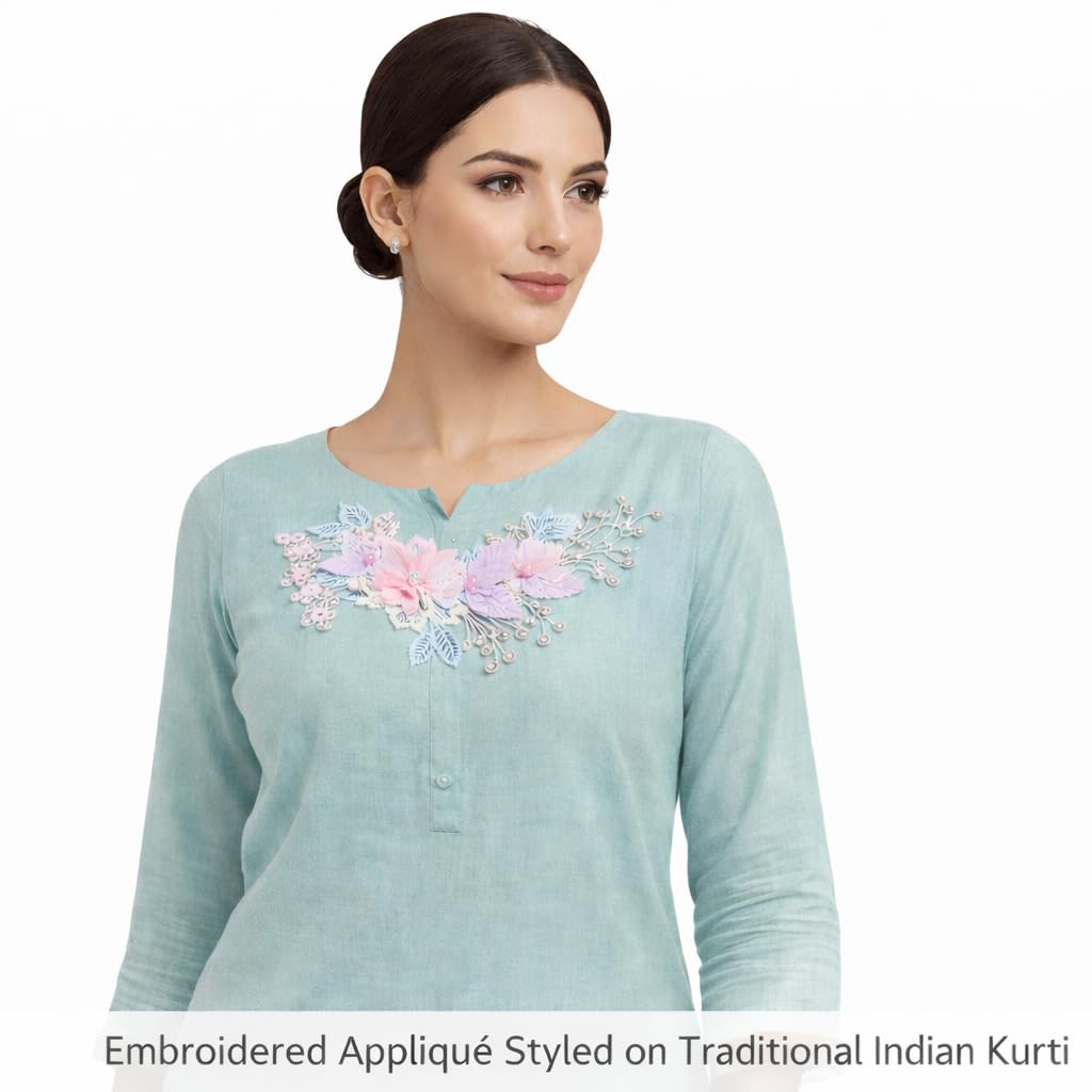 S.A.V.I Pastel Floral Embroidered Sew-On Appliqué Patch 20 x 29 cm, 3D Organza Flowers with Beads & Pearl Work, Leaf Design for Blouse, Gown, Saree, Kurti & DIY Craft (Right)