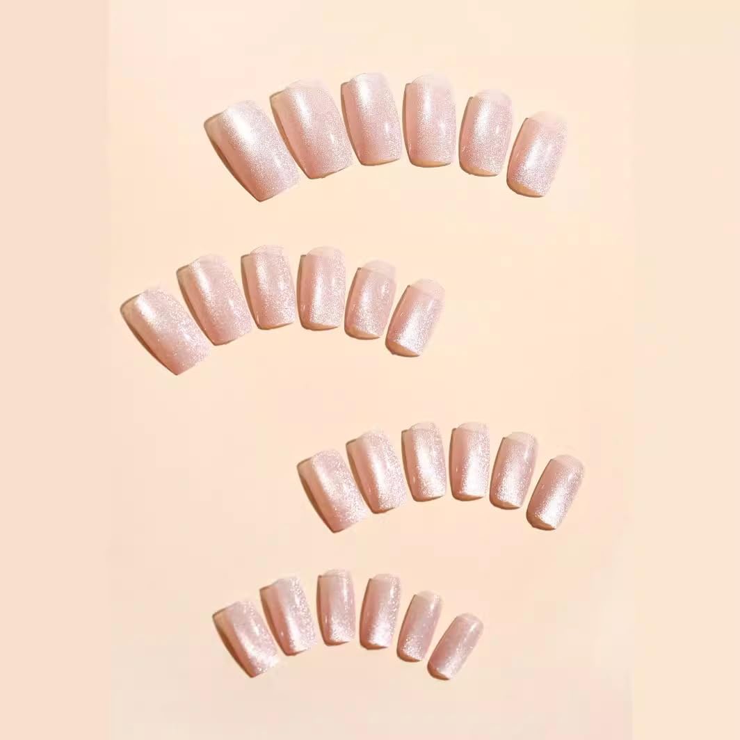 S.A.V.I Press on Nails Pink Nude Cat Eye Medium Square 24 Pcs | Reusable Glossy Artificial Fingernail Set with Glue & Adhesive Tabs, Easy DIY Manicure for Women