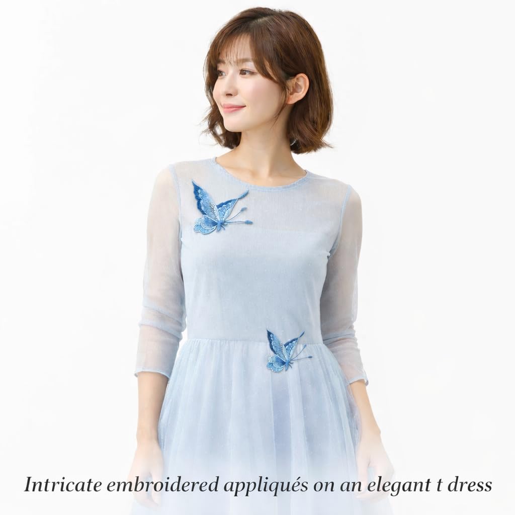 S.A.V.I Blue Embroidered Butterfly Applique Patch Pair (Left & Right), Sew-On Fabric Motif 12.5 x 9.3 cm, Thread Work for Dresses, Shirts, Denim & DIY Fashion (Blue)
