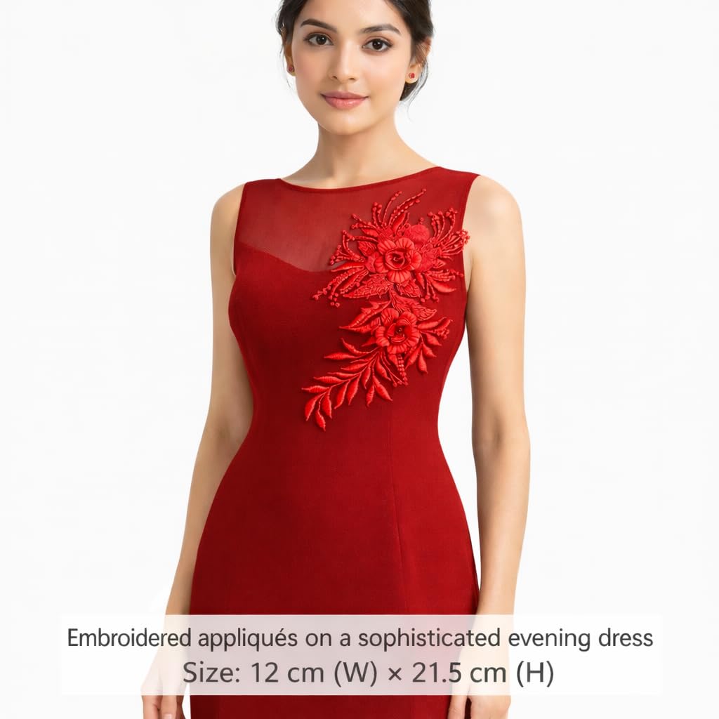 S.A.V.I Red Floral Embroidered Appliqué Sew On Patch, 3D Rose Design on Mesh Fabric, 12 x 21.5 cm Decorative Craft & Garment Embellishment for Dress, Kurti, Blouse