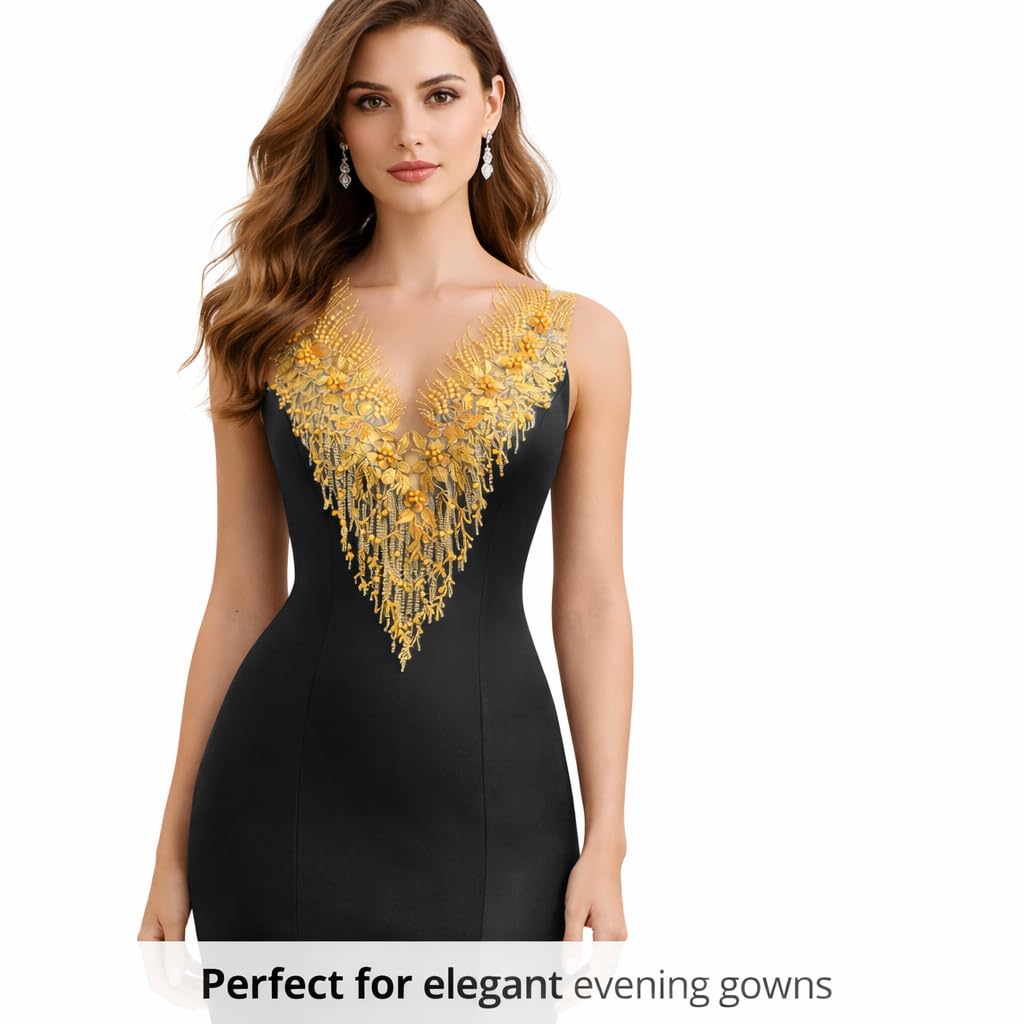S.A.V.I Golden Yellow Floral Beaded Embroidery Lace Applique Patch 28 x 55 cm | V-Neck Net Mesh Design for Lehenga Choli Blouse, Gown & Designer Ethnic Wear (Yellow)