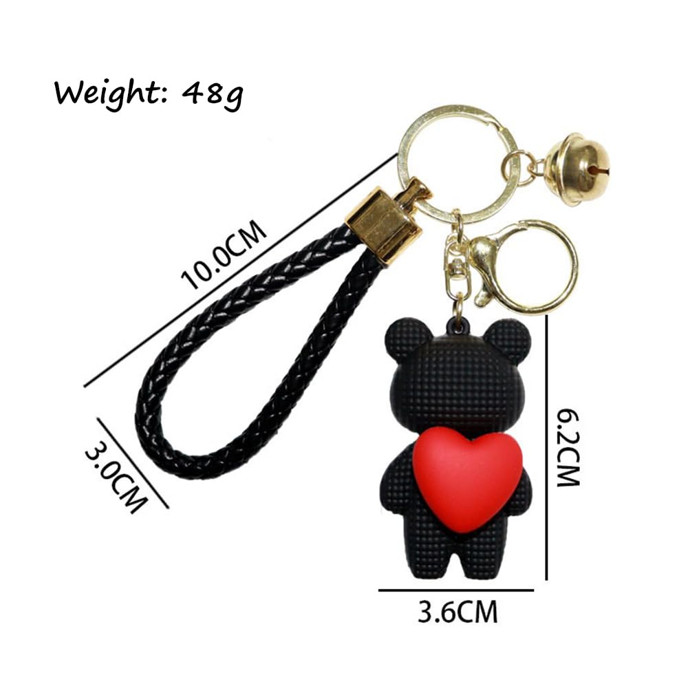 S.A.V.I Cute Black Bear Keychain with Heart Charm | Resin Mini Teddy Pendant 6cm | Braided PU Leather Wrist Strap | Lightweight Gold Key Ring for Girls, Women (Black)