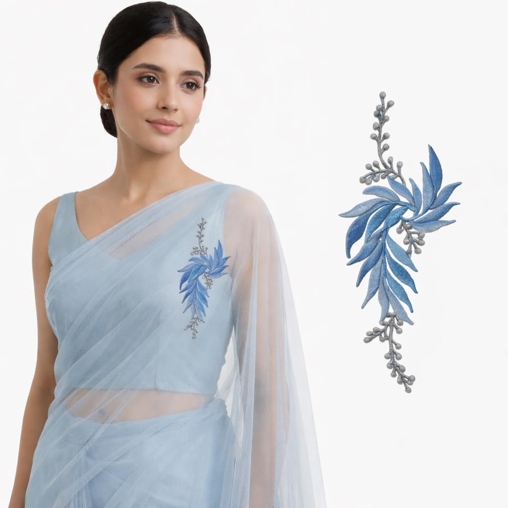 S.A.V.I Blue & Silver Floral Iron-On Embroidered Appliqué Patch 7.5 x 17 cm | Leaf Motif Threadwork Design for Dresses, Sarees, Blouses, DIY Fabric Craft (Left, Blue, 7.5 x 17 cm)
