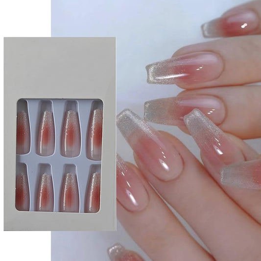 S.A.V.I 24 PCs Long Coffin Shape Nude Blush Glitter Press-on Fake Nails - DIY Manicure Set - Durable, Easy Application, and Reusable - For Salon-Quality Results at Home