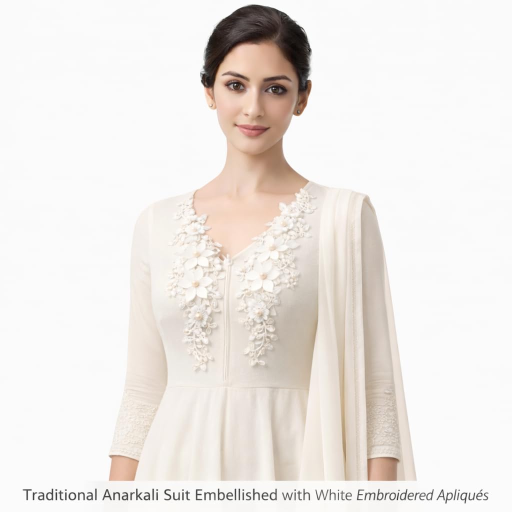 S.A.V.I White Floral Embroidered Lace Appliqué Pair 12 x 30 cm, Pearl Beaded 3D Neckline Patch on Premium Net Fabric for Sewing, Craft Decoration, Dresses, Blouses & Gowns (White Flowers)
