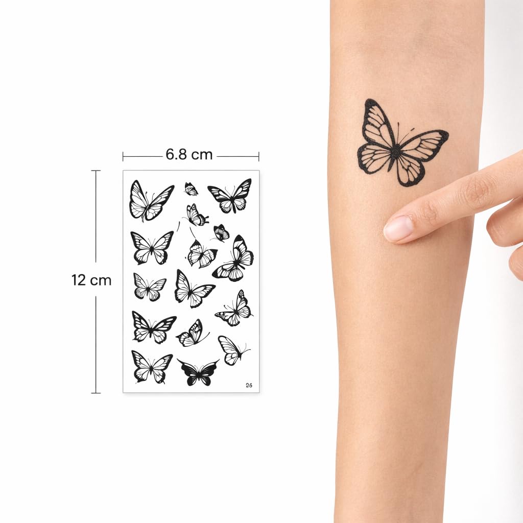 S.A.V.I 10 Sheets Black Butterfly Temporary Tattoo Stickers (6.8 x 12 cm) Realistic Floral Wing Designs | Waterproof, Safe & Non-Toxic | Long Lasting Body Art for Women & Girls (#322)
