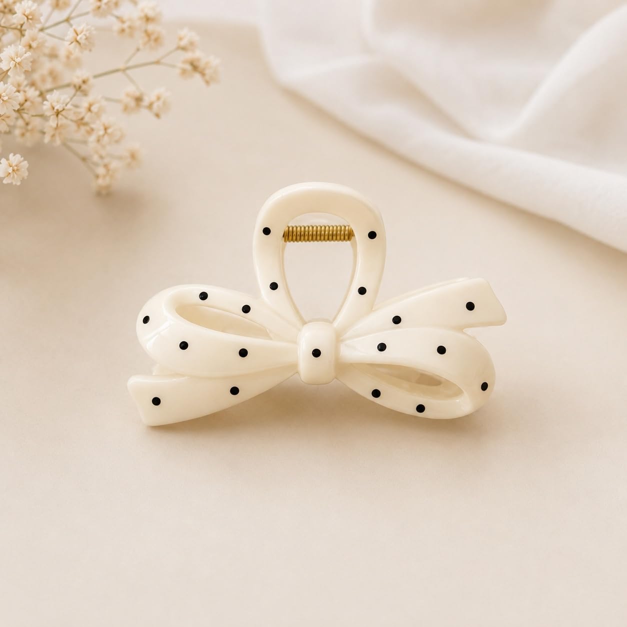 S.A.V.I Bow Hair Claw Clip Large Polka Dot Off White, 10.5 cm | Strong Acrylic Clutcher, Secure Hold, Thick Hair, Half & Full Updos, 1 Piece