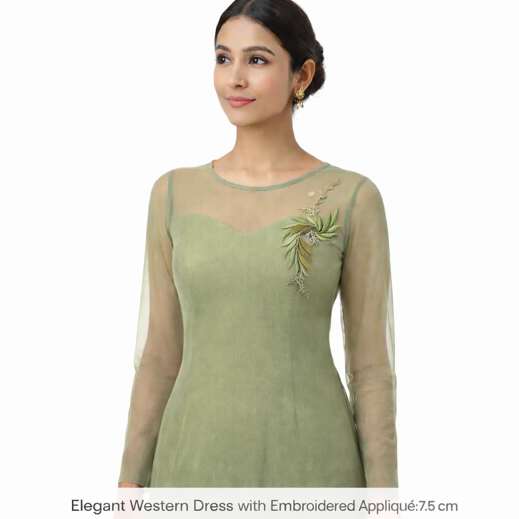 S.A.V.I Green & Silver Floral Iron-On Embroidered Appliqué Patch 7.5 x 17 cm | Leaf Motif Threadwork Design for Dresses, Sarees, Blouses & DIY Fabric Craft (Left, Green, 7.5 x 17 cm)