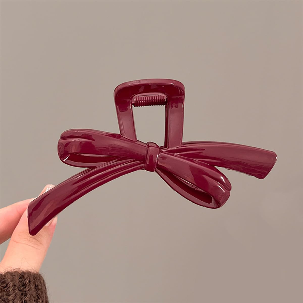 S.A.V.I Maroon Bow Hair Claw Clip 13 cm | Large Glossy Acrylic Clutcher for Women | Strong Hold Grip for Thick Hair | Stylish Everyday Party Hair Accessory