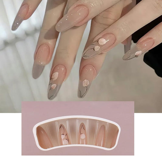 S.A.V.I 30 Pcs Long Round Nude Fake Nails | Glossy Press-On Nails with Elegant Floral Print | Reusable Artificial Nails for Women | DIY Manicure Kit with Adhesive Tabs  Glue | Salon-Style False Nails for Parties