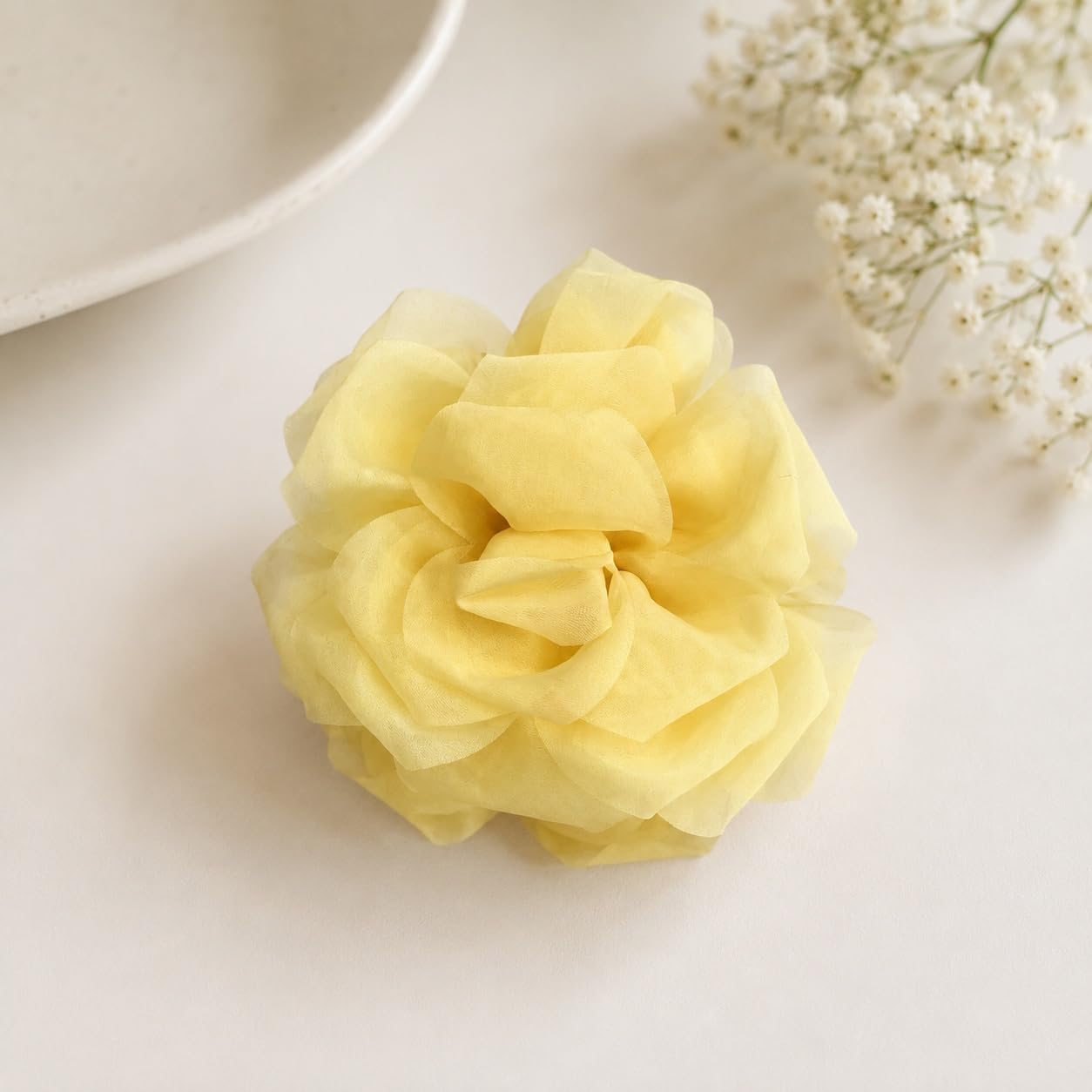 S.A.V.I Rose Flower Hair Clutch Clip for Women Yellow Mesh 10cm | Strong Grip, Lightweight, Soft Fabric, Large Size, 1 Piece