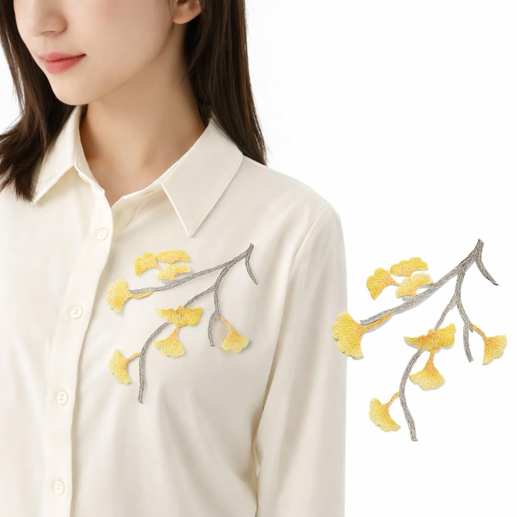 S.A.V.I Iron-On Embroidered Ginkgo Leaf Appliqué Patch Yellow Grey Floral Branch Design Fabric Embroidery 12.7 x 17.9 cm for Dresses Sarees Kurtis DIY Craft (Right)