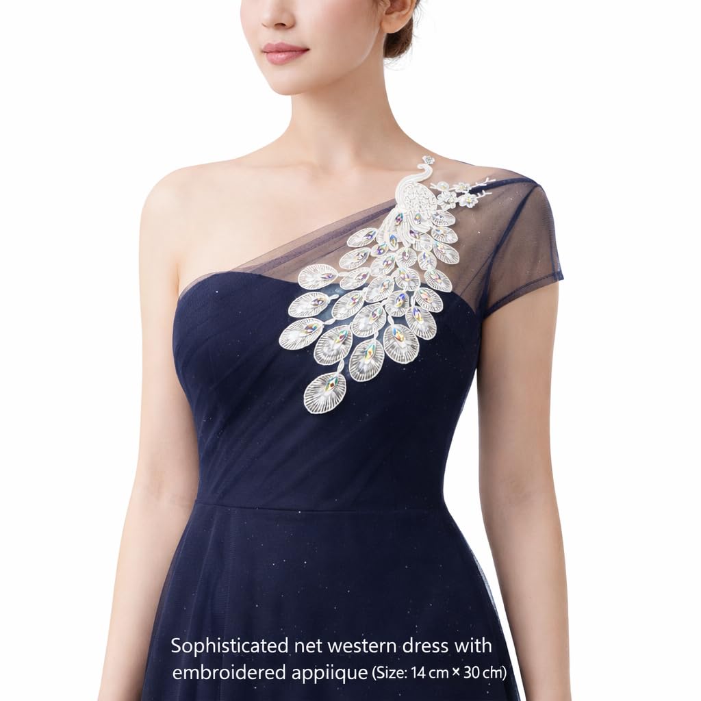 S.A.V.I White Peacock Embroidered Sew-On Applique Patch 14 x 30 cm with Crystal Stones, Net Fabric Motif for Saree, Blouse, Kurti & Gown Decoration (Right, White, OneSize)
