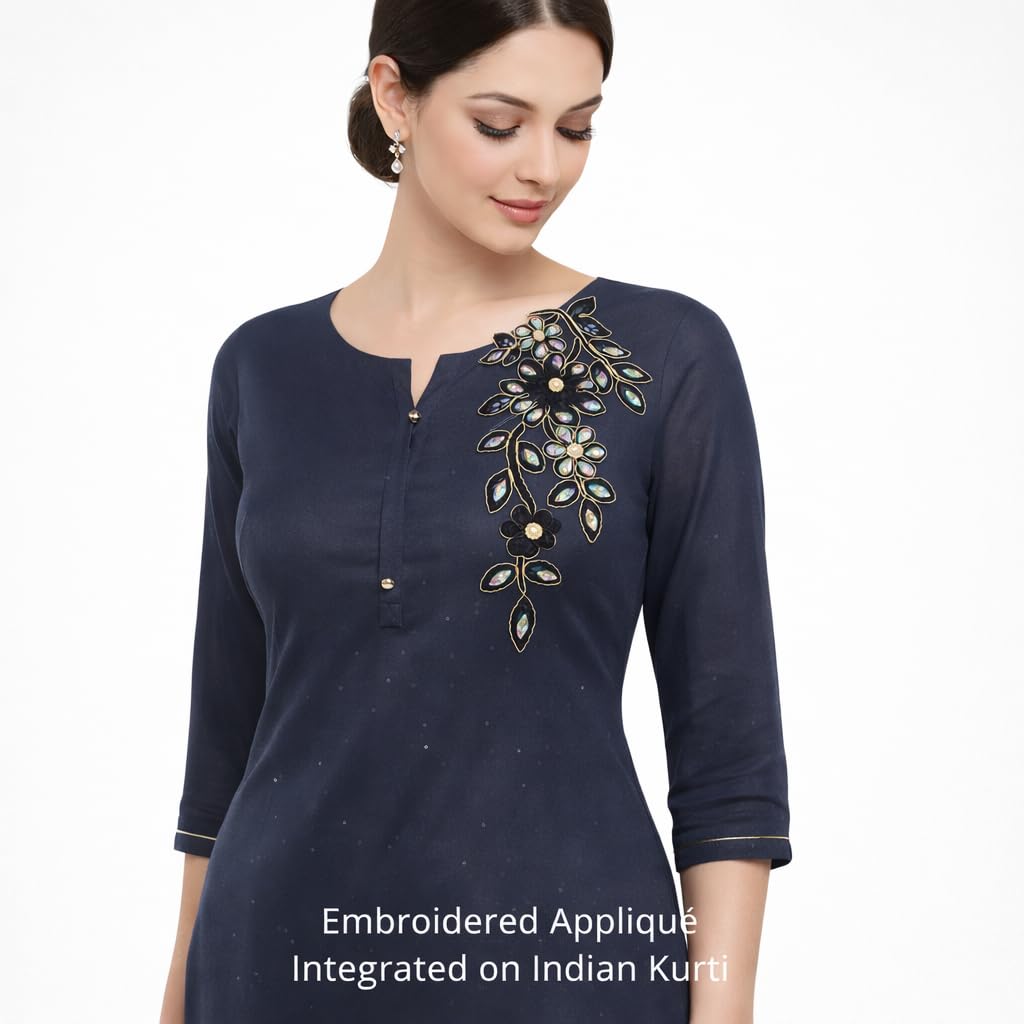 S.A.V.I Black & Gold Floral Crystal Embroidered Sew-On Appliqué Patch, Net Fabric Zardozi Style Motif for Saree Blouse Gown Kurti Decoration, 14 x 27 cm