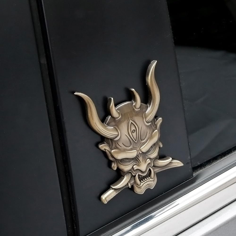 SAVIAURA 3D Samurai Skull Emblem: Japanese Warrior Car Logo Sticker – Metal Exterior Accessory, Bronze Color