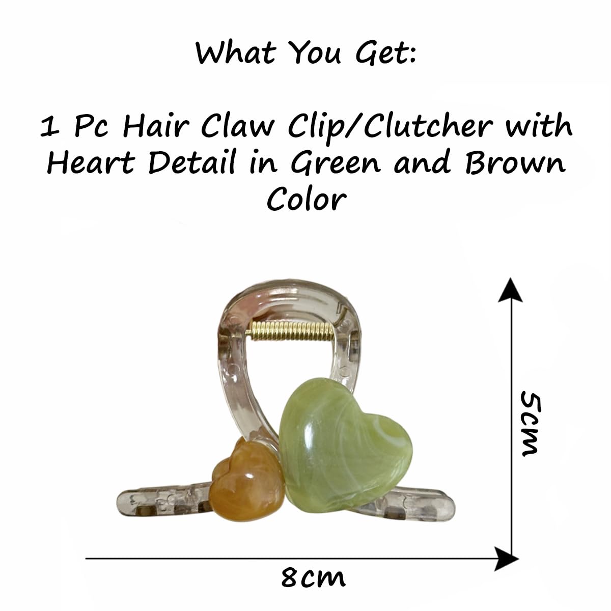 S.A.V.I Trendy Acrylic Hair Claw Clip for Women & Girls – Green & Brown Heart Design Clutcher, 8cm Medium Size – Strong Grip Stylish Hair Accessory for Daily & Party Look