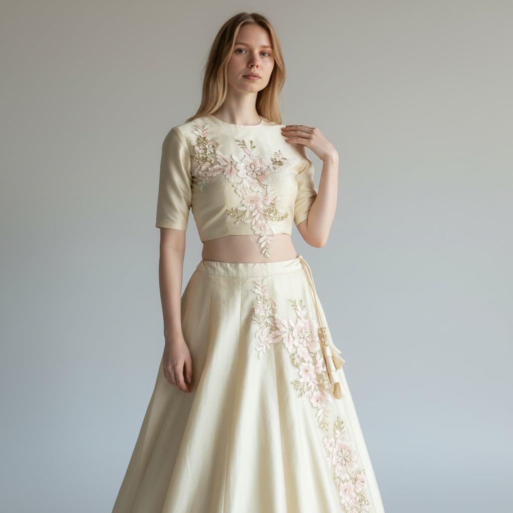 S.A.V.I Light Pink Floral Embroidered Applique Sew-On Patch 25x29 cm, Organza Lace with Gold Thread, 3D Flower Design for Blouse, Lehenga, Gown & Dress Decor (Light Pink)