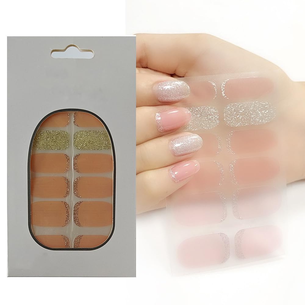 S.A.V.I 12 pcs - Nude Pink  Silver Glitter Gel Nail Stickers, Long Lasting Full Nail Art Decals, Quick Apply  No Dry Time