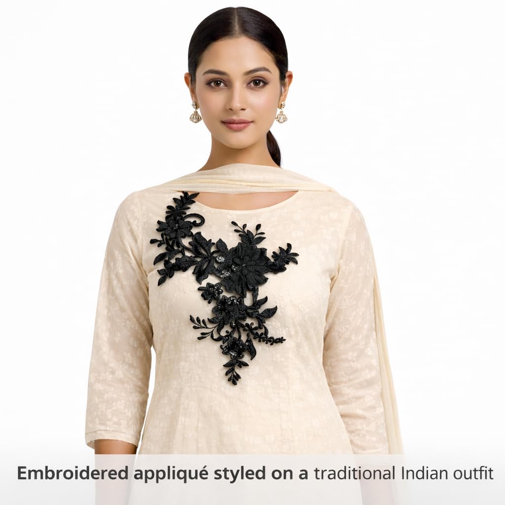 S.A.V.I Black Floral Embroidered Appliqué Patch 25x29 cm | Net Fabric 3D Flower Sequins Motif | Sew-On Design for Saree, Blouse, Gown & Kurtis (Black)