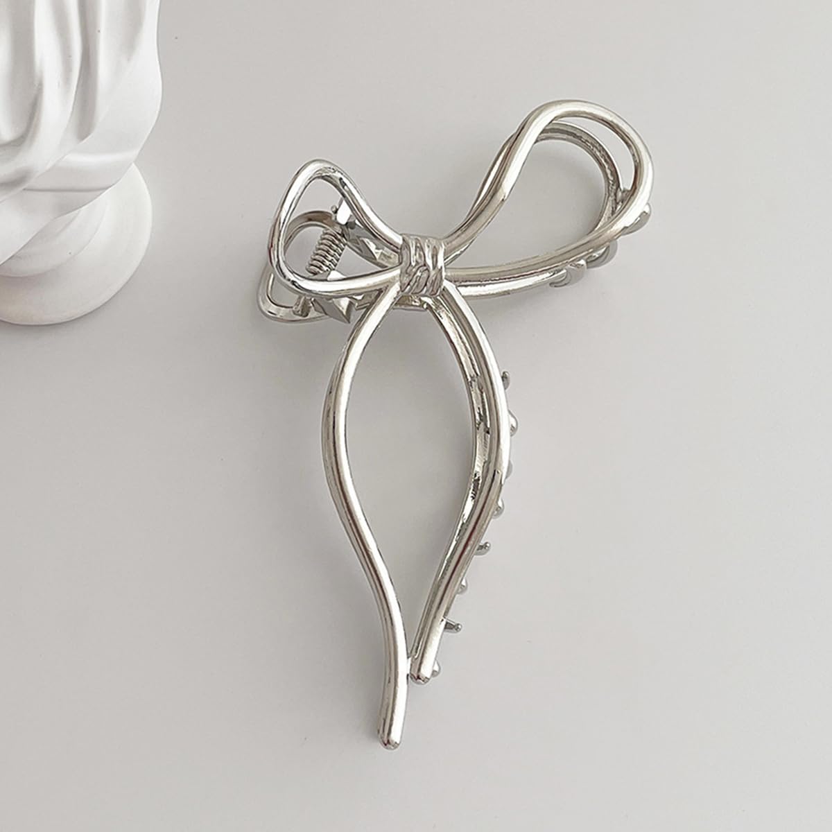 S.A.V.I Silver Metal Bow Hair Claw Clip for Women, 11.5 cm Large Butterfly Design, Strong Hold Non-Slip Jaw for Thick Long Hair, Korean Style Elegant Accessory To Use Daily & For Party