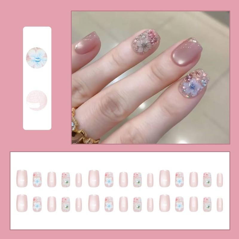 S.A.V.I Press on Nails Nude Pink Floral Cat Eye Medium Coffin 30 Pcs | Reusable Gloss Finish False Tips with Glue & Adhesive Tabs, Pink Daisy Design, DIY Manicure for Women