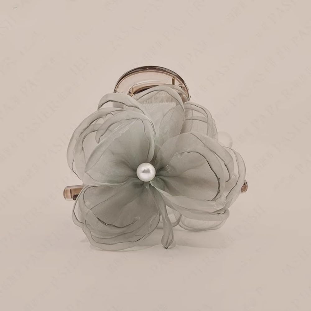 S.A.V.I Grey Flower Hair Claw Clip for Women & Girls | 8cm Fabric Floral Design with Pearl Center | Stylish Hair Accessory for Daily, Party, Festive & Traditional Outfits