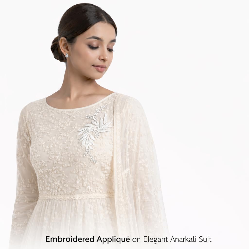 S.A.V.I White & Silver Floral Iron-On Embroidered Appliqué Patch 7.5 x 17 cm | Leaf Motif Threadwork Design for Dresses, Sarees, Blouses & DIY Fabric Craft (Left, White, 7.5 x 17 cm)