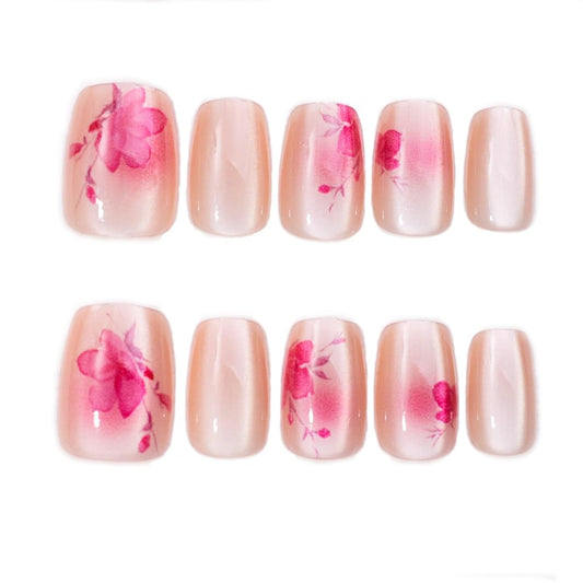 S.A.V.I 10 PCs Medium Length Natural Shape Nude Cat’s Eye Pink Floral Designer Press-On Nails | Handmade Elegant False Nails | Perfect Fit for Medium Width | Reusable  Easy to Apply