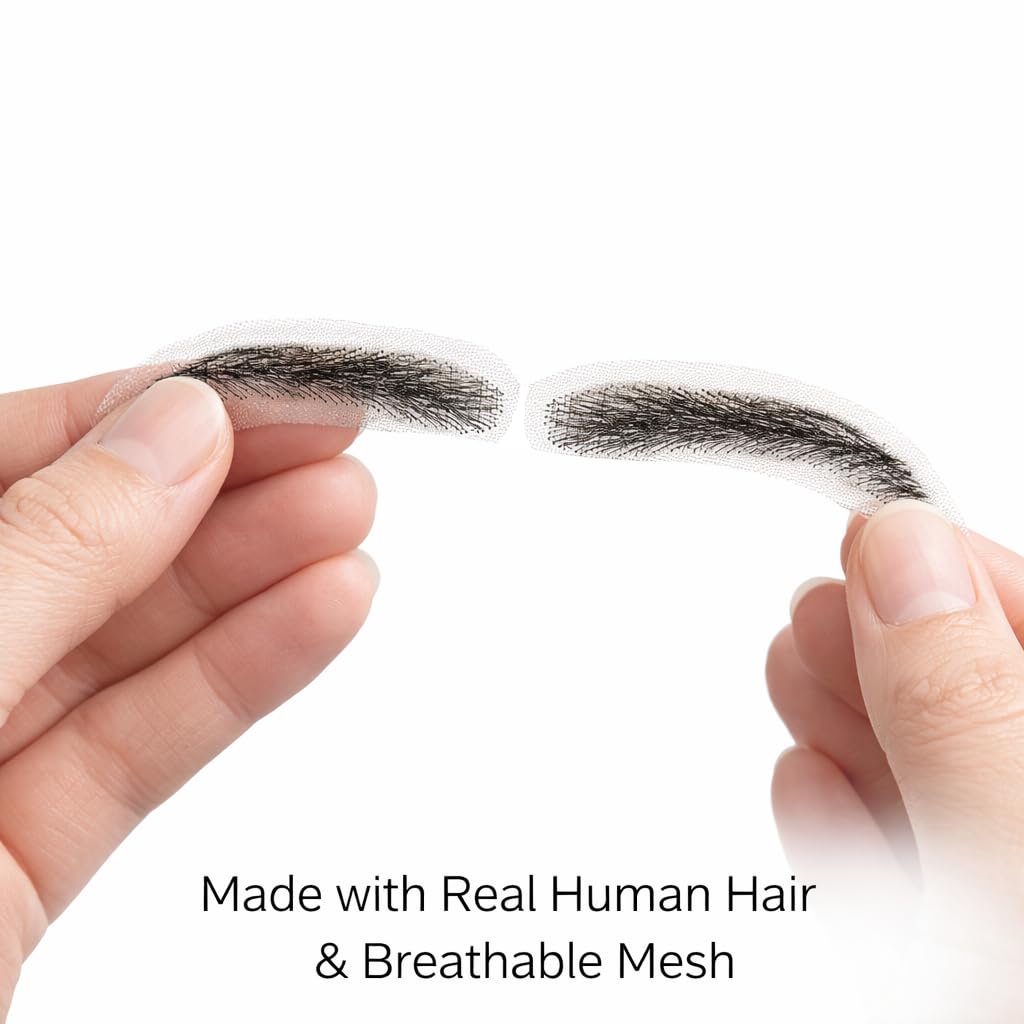 S.A.V.I Soft-Arched Glue-On Eyebrows for Women, Natural Black, 6 cm Hand-Tied Real Human Hair, Breathable Mesh Base, Reusable Fake Brows with Adhesive for Makeup, Hair Loss and Alopecia