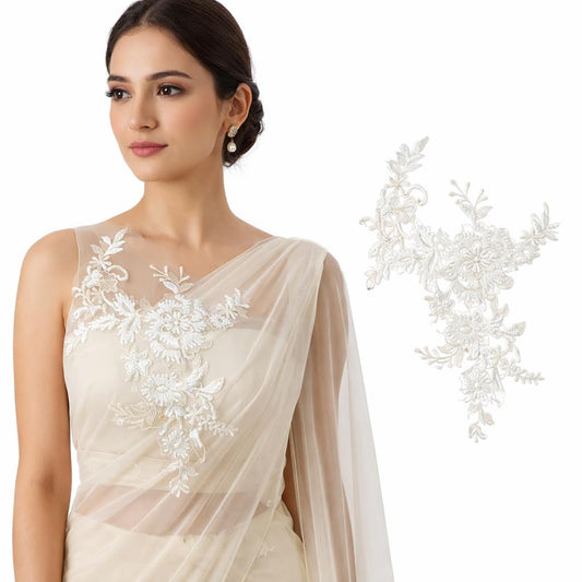 S.A.V.I White Floral Embroidered Lace Applique Patch 25 x 29 cm | Sew-On Net Fabric with Pearl Work | Bridal & Evening Gowns Motif for Sarees, Kurtis (White)
